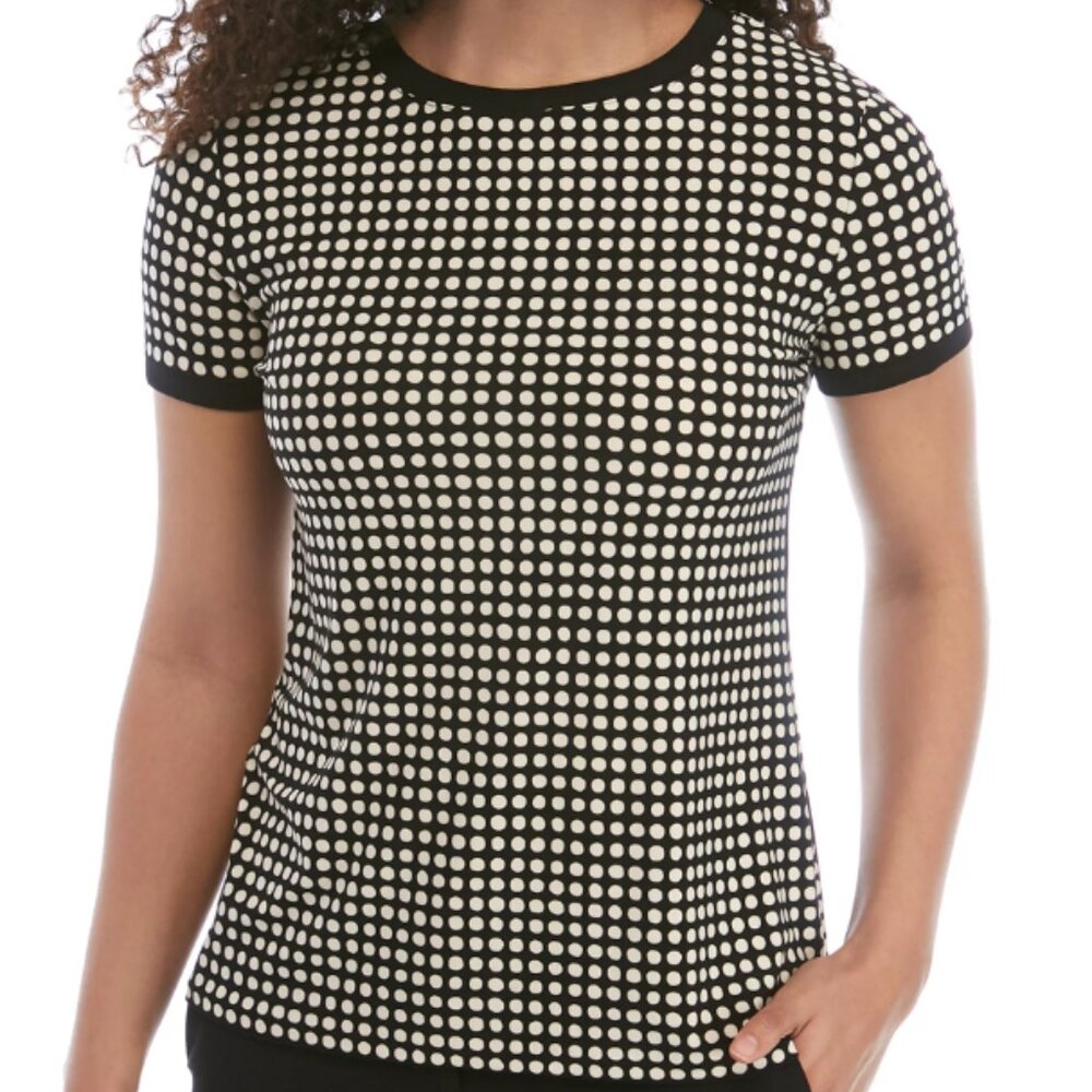 NWOT Anne Klein Navy Blue Ivory Polka Dot Button Back Blouse Top, Size Small